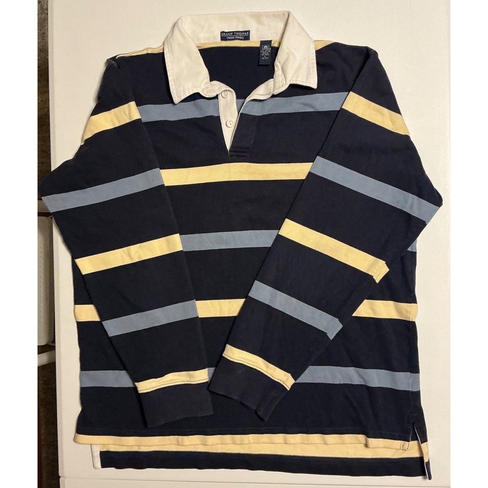 Grant Thomas Mens Striped Rugby Polo Long Sleeve Color Block Navy Yellow Blue‎ L